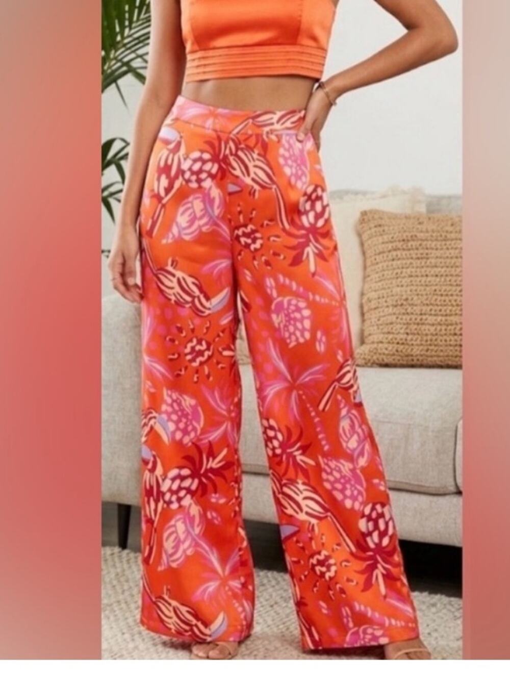 House of Harlow 1960 Orange & Pink Floral Wide-Leg Pants, EUC, Small, MSRP $249